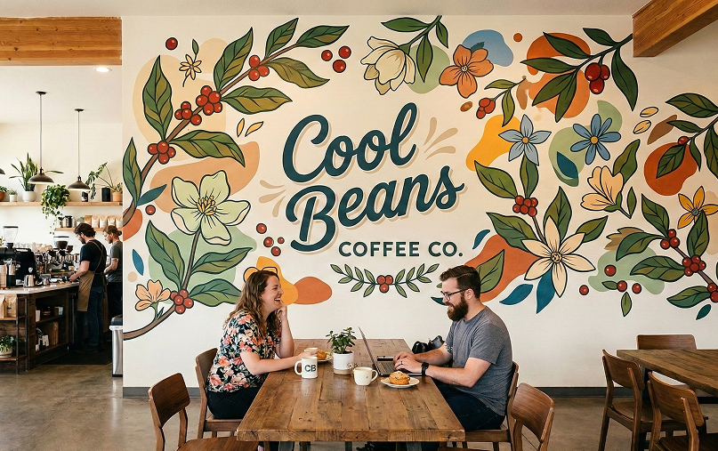 Vinyl wall mural in a coffee shop displaying branding